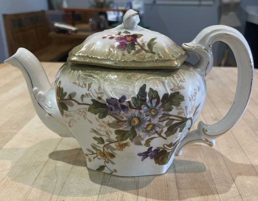 Antique Hand Painted Gold Inlay Blue Pink Floral Royal Porcelain Teapot Stamped